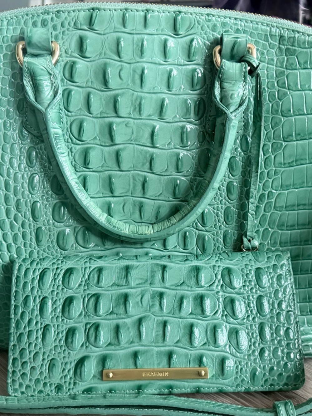 Brahmin Mint Green Croc-Embossed Leather Tote - Picture 2 of 8